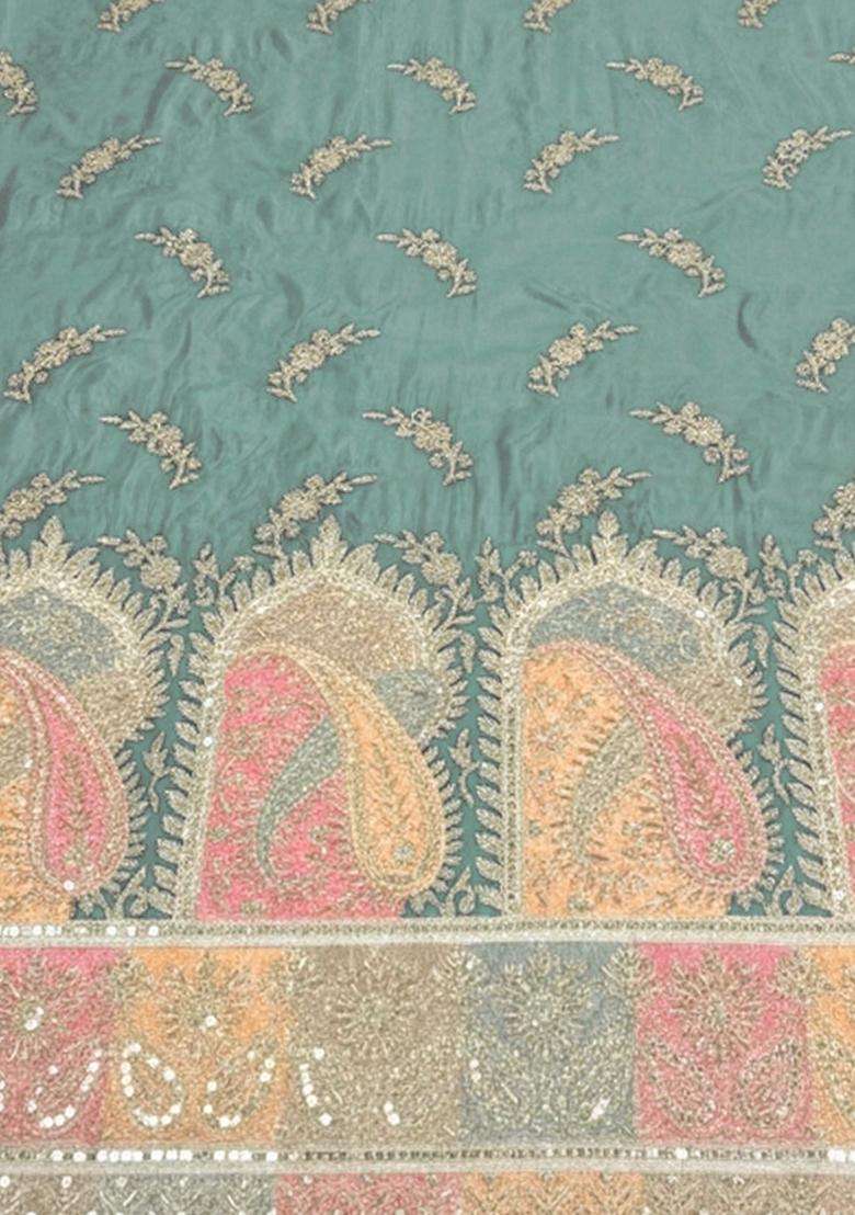 Teal Embroidered Silk Fusion Set - Indya