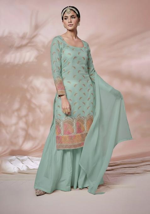 Teal Embroidered Silk Fusion Set
