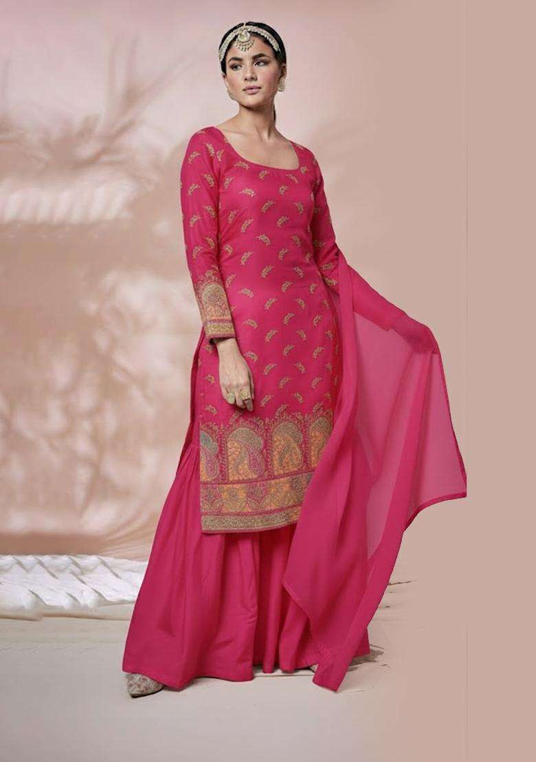 Pink Embroidered Silk Fusion Set - Indya