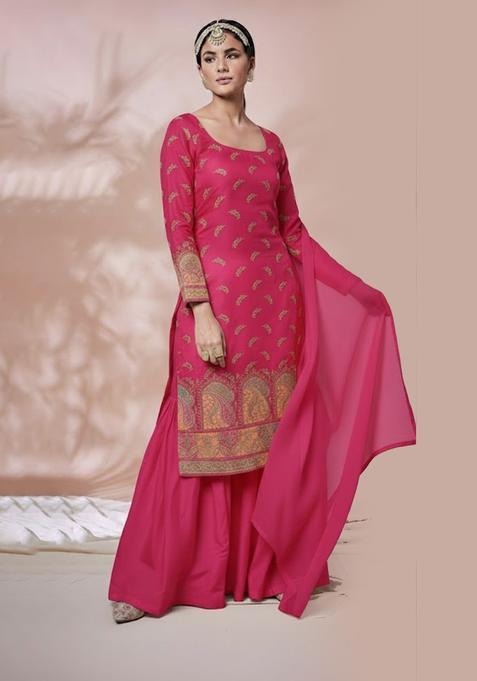 Pink Embroidered Silk Fusion Set