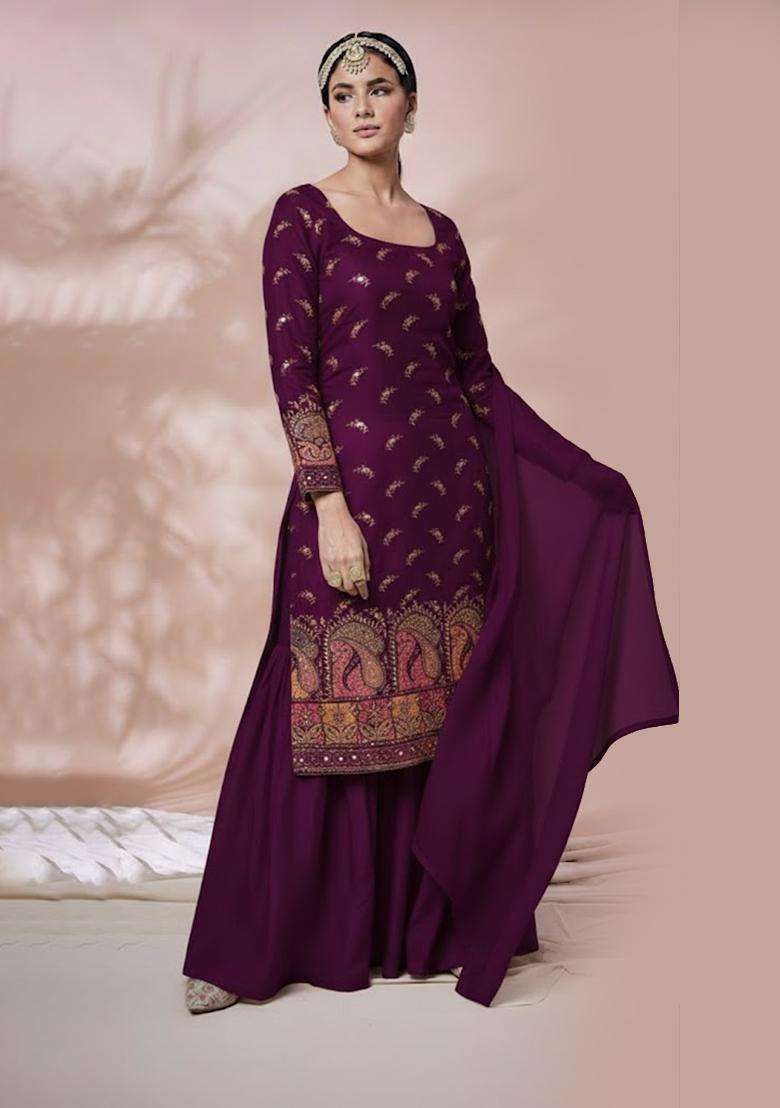 Purple Embroidered Silk Fusion Set - Indya
