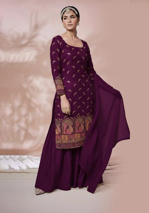 Purple Embroidered Silk Fusion Set