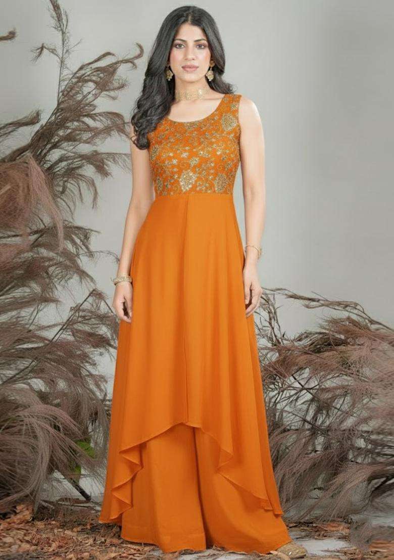 Orange Sequin Net Fusion Set - Indya