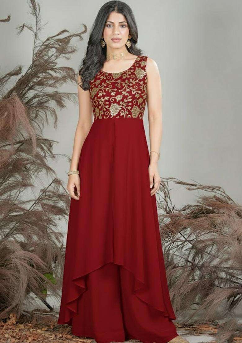 Red Sequin Net Fusion Set - Indya