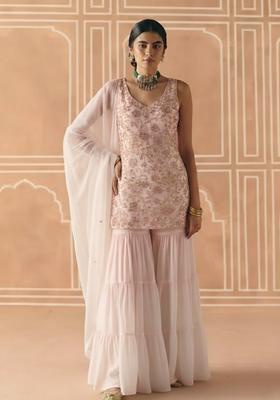 Blush Pink Sequin Net Sharara Set