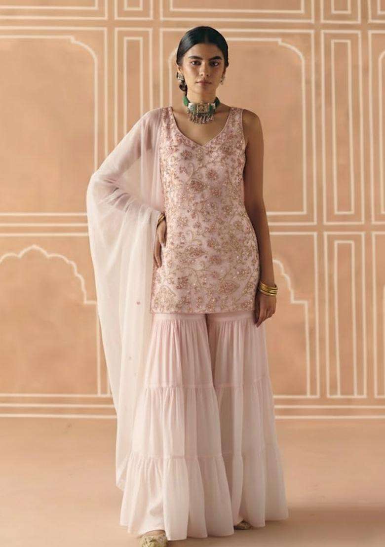 Blush Pink Sequin Net Sharara Set - Indya