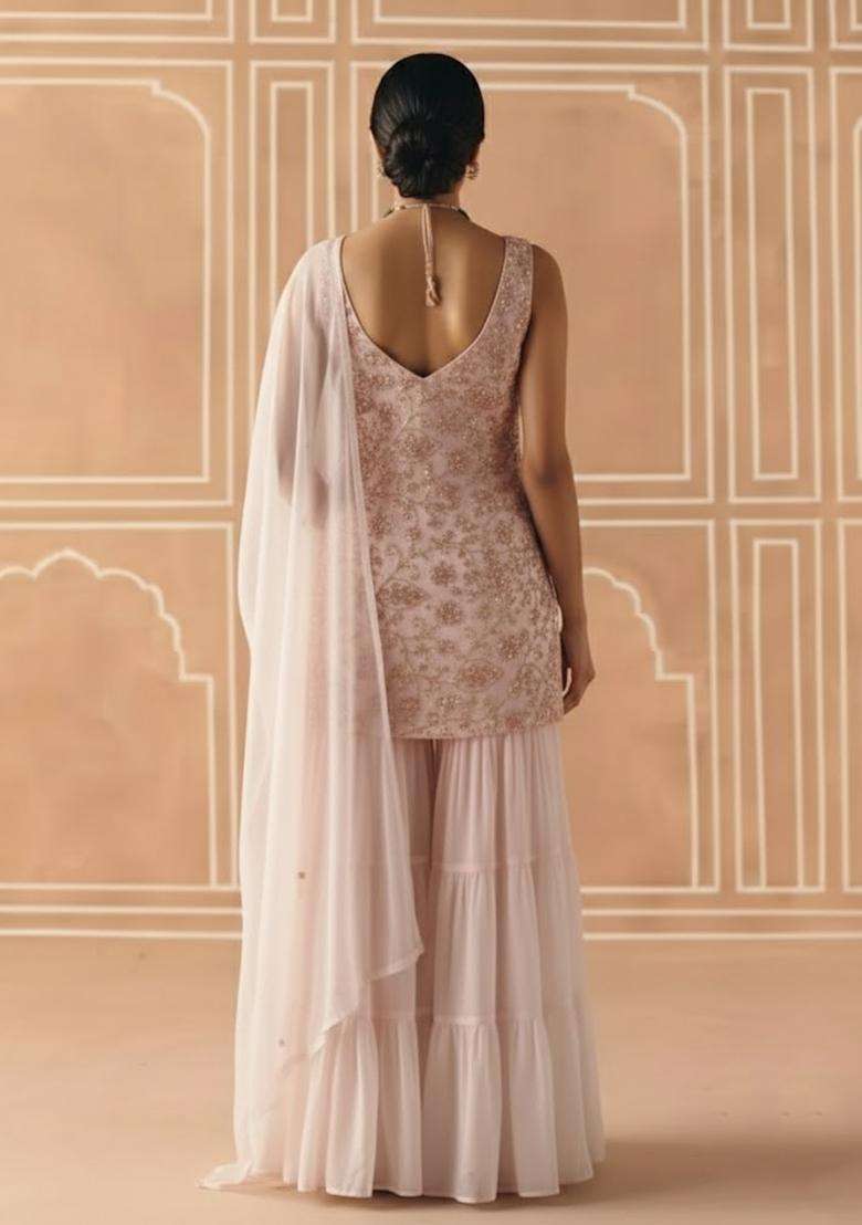 Blush Pink Sequin Net Sharara Set - Indya