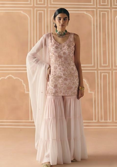 Blush Pink Sequin Net Sharara Set