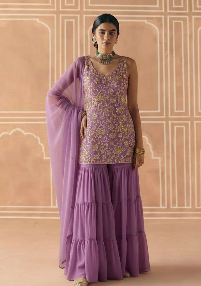 Lavender Sequin Net Sharara Set - Indya