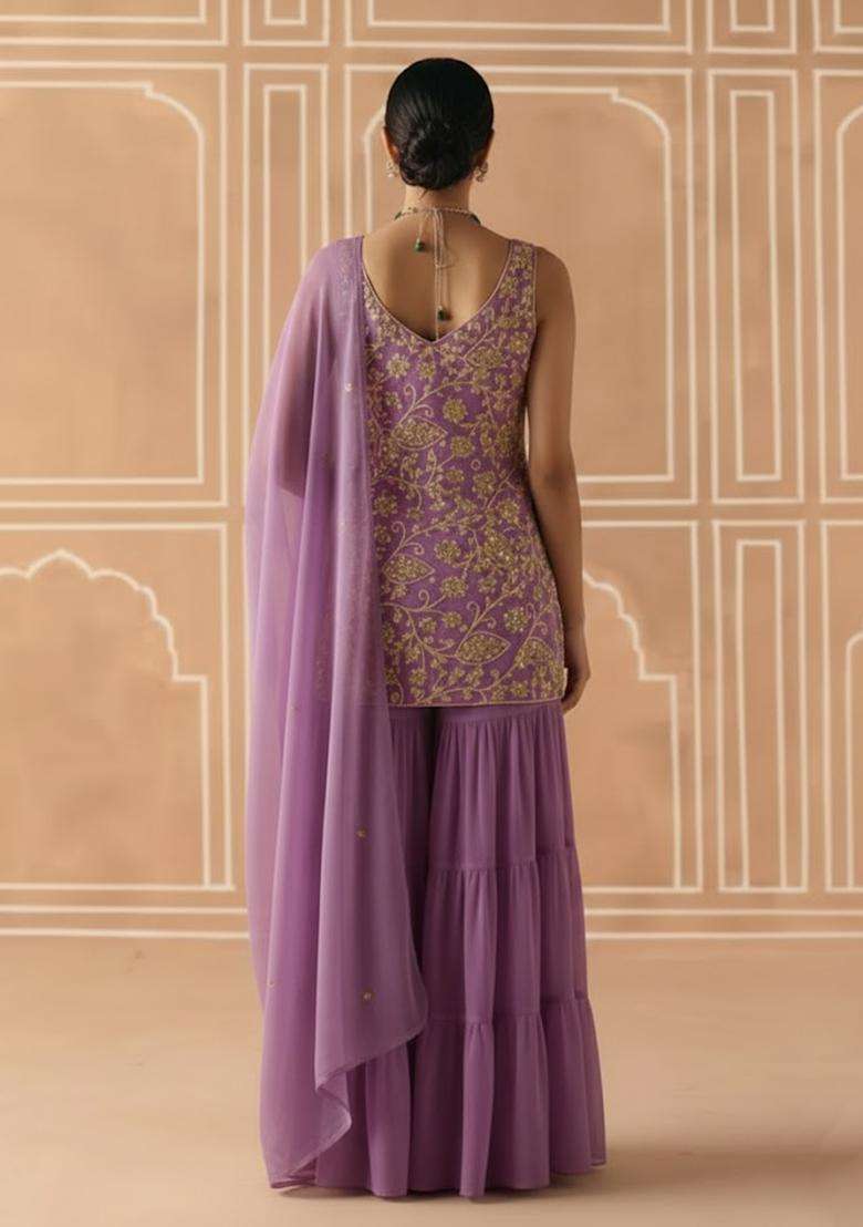 Lavender Sequin Net Sharara Set - Indya