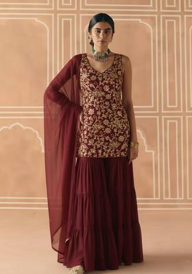 Maroon Sequin Net Sharara Set