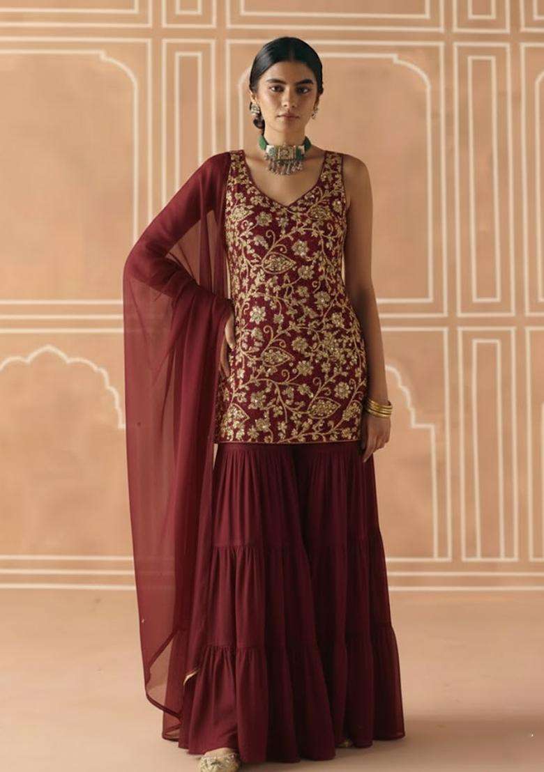 Maroon Sequin Net Sharara Set - Indya