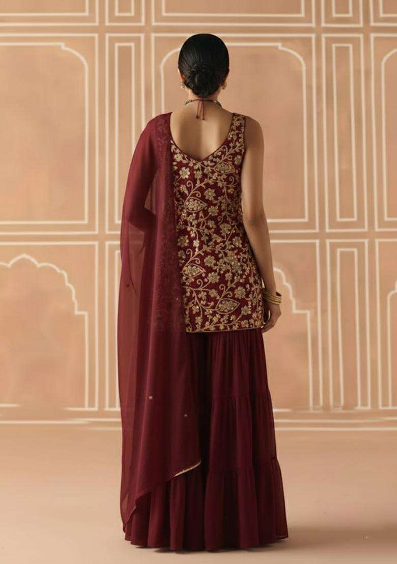 Maroon Sequin Net Sharara Set - Indya