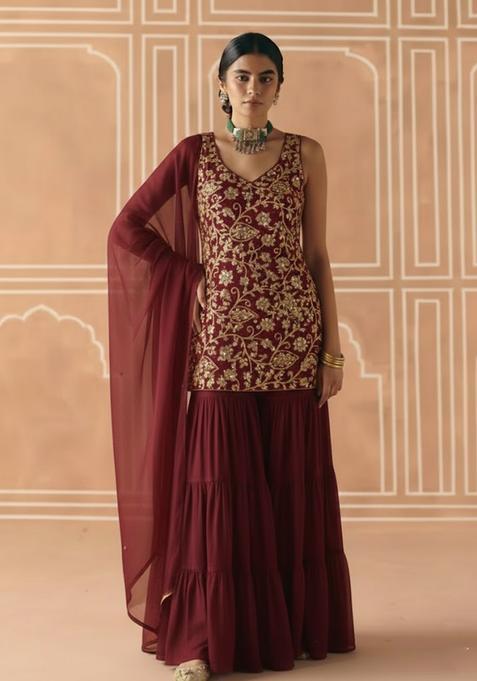 Maroon Sequin Net Sharara Set