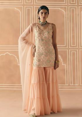 Peach Sequin Net Sharara Set