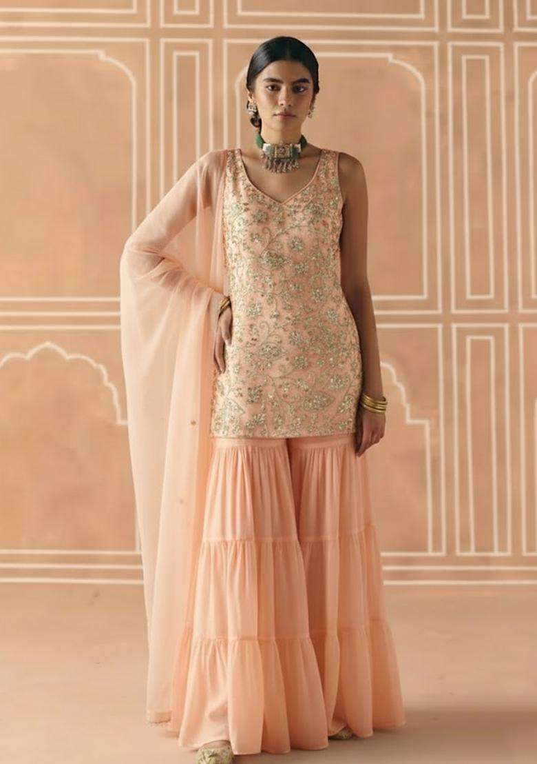 Peach Sequin Net Sharara Set - Indya
