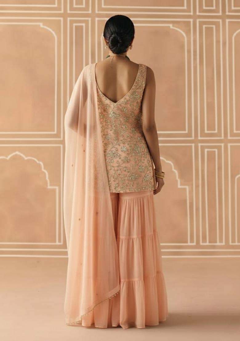 Peach Sequin Net Sharara Set - Indya
