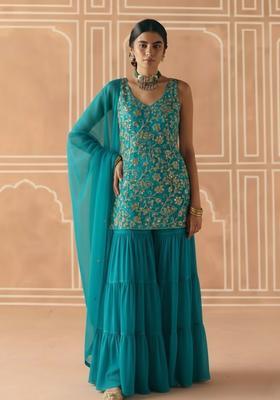 Turquoise Sequin Net Sharara Set