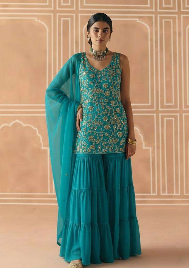 Turquoise Sequin Net Sharara Set - Indya