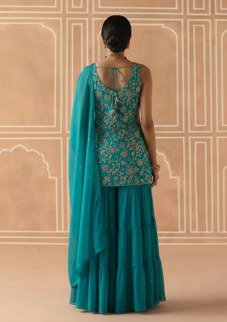Turquoise Sequin Net Sharara Set - Indya