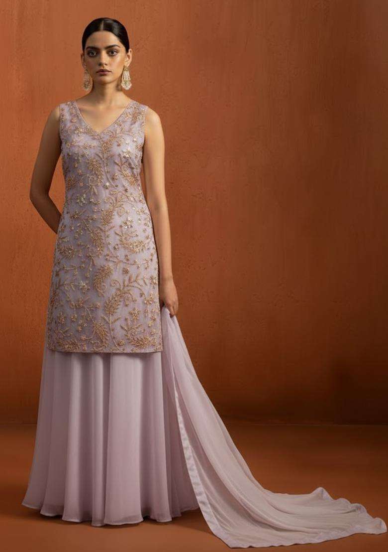 Mauve Sequin Net Sharara Set - Indya