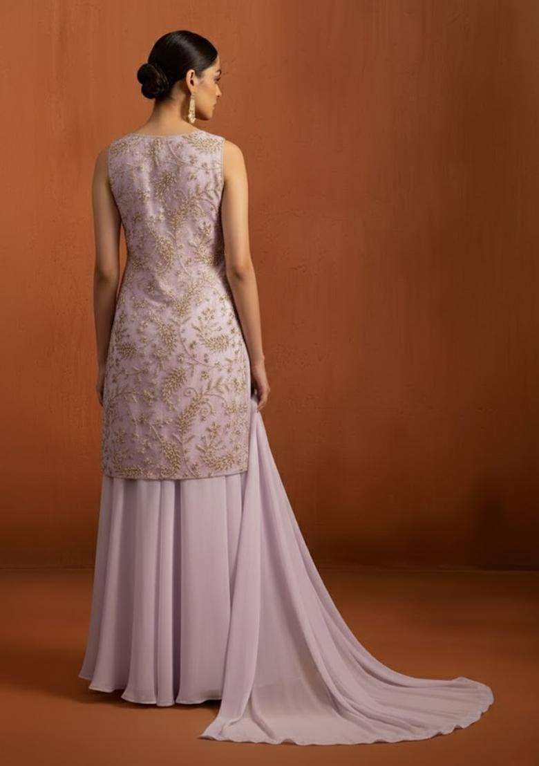 Mauve Sequin Net Sharara Set - Indya