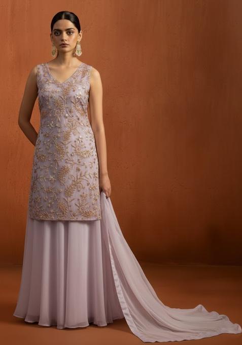 Mauve Sequin Net Sharara Set