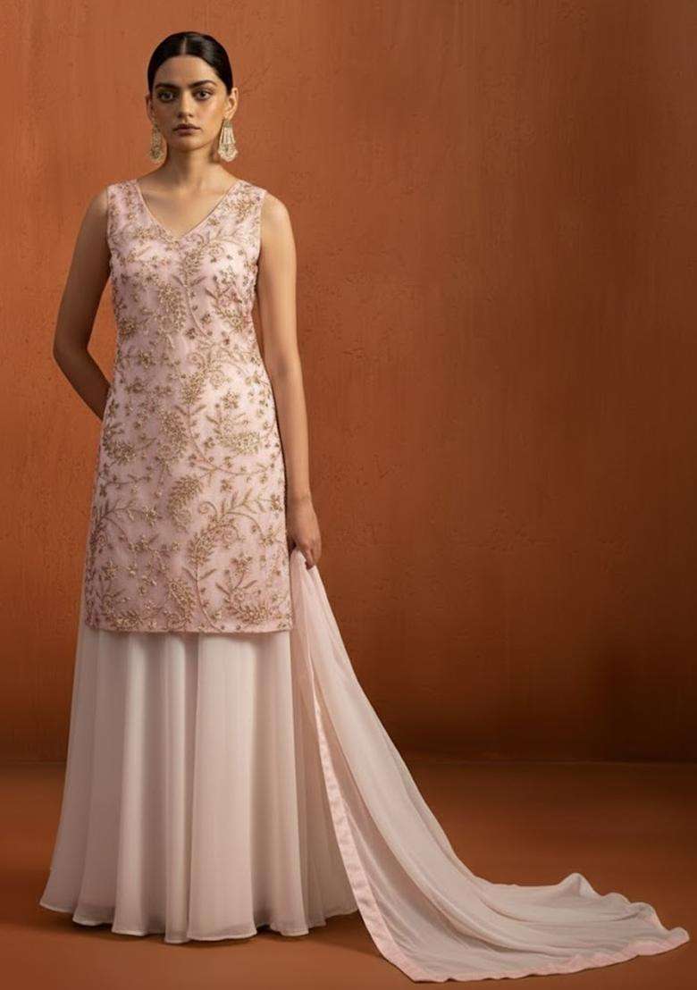 Pink Sequin Net Sharara Set - Indya