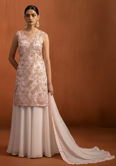 Pink Sequin Net Sharara Set