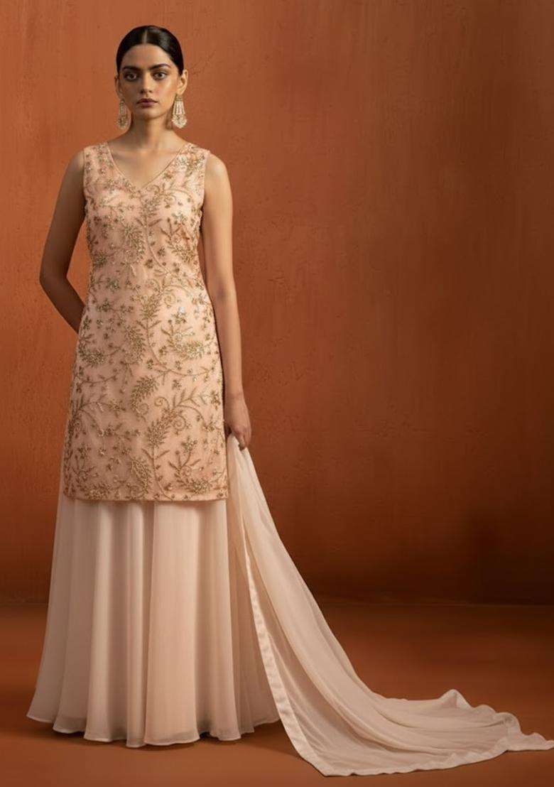 Peach Sequin Net Sharara Set - Indya