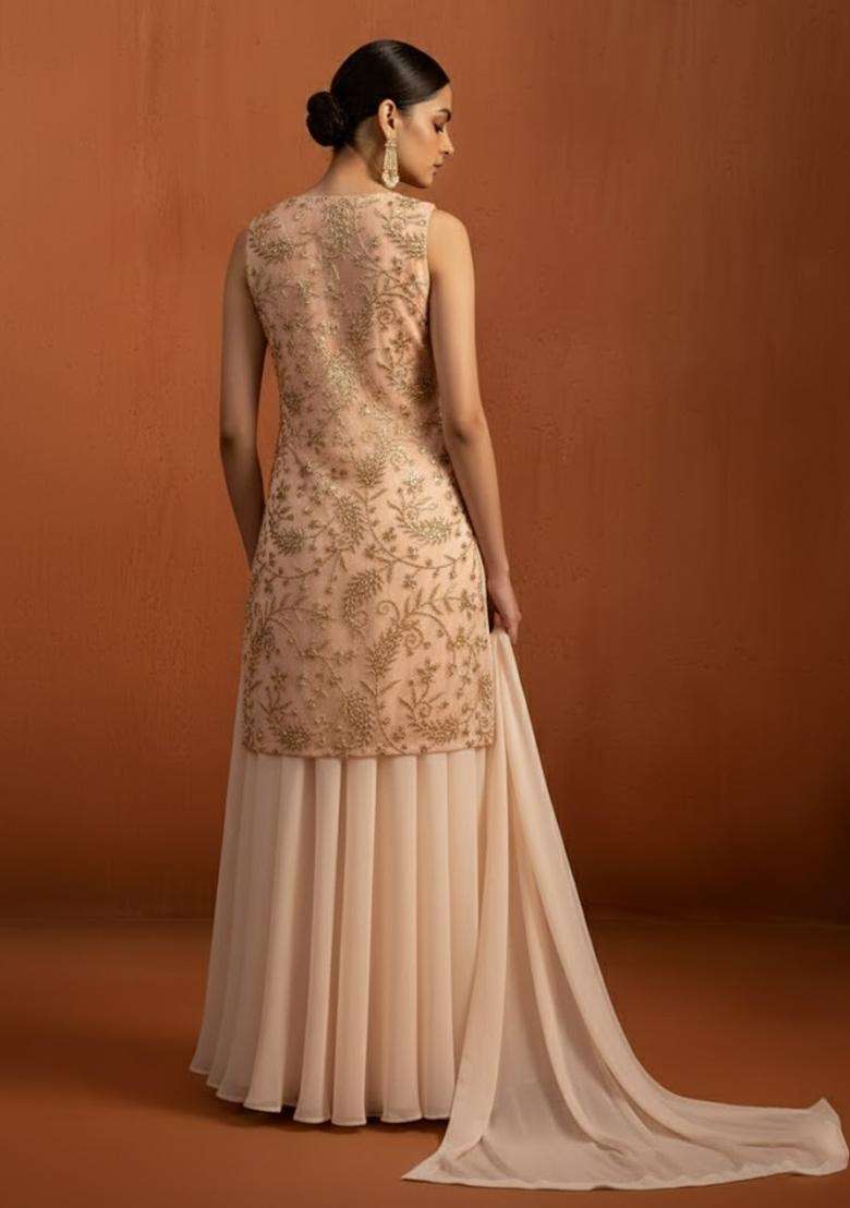 Peach Sequin Net Sharara Set - Indya