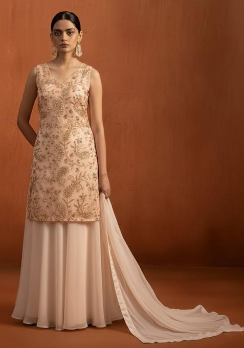 Peach Sequin Net Sharara Set