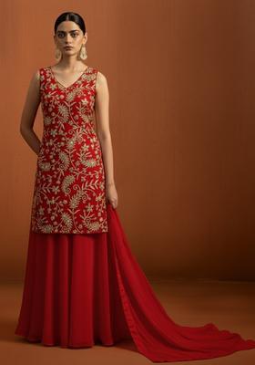 Red Sequin Net Sharara Set