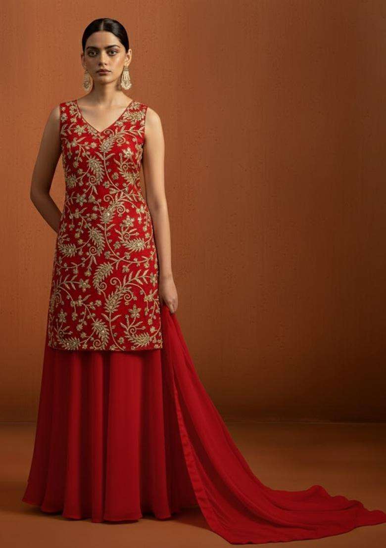 Red Sequin Net Sharara Set - Indya