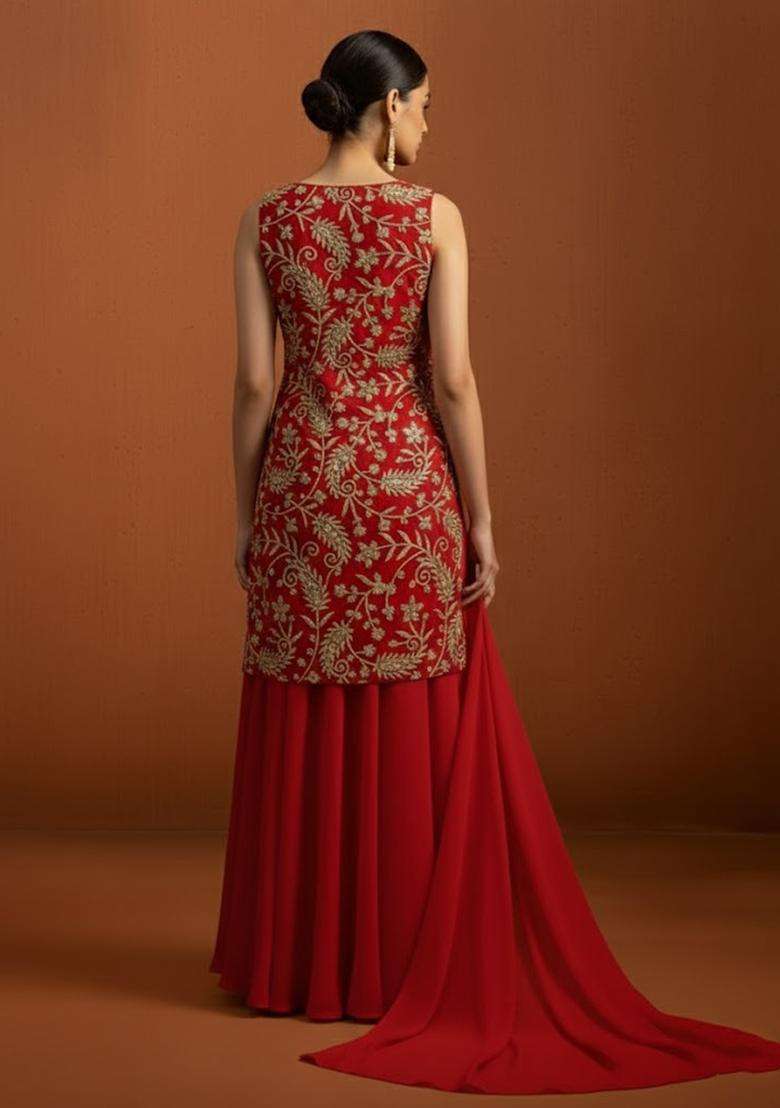 Red Sequin Net Sharara Set - Indya