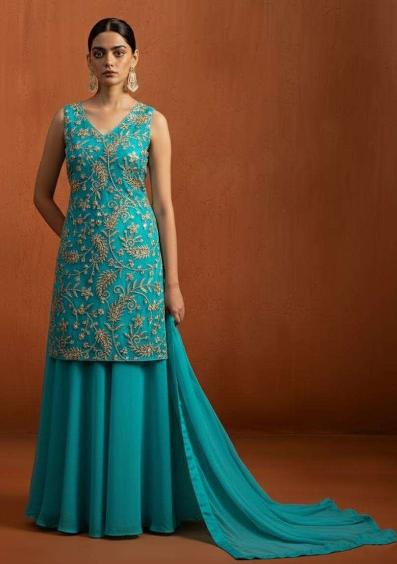 Turquoise Sequin Net Sharara Set - Indya