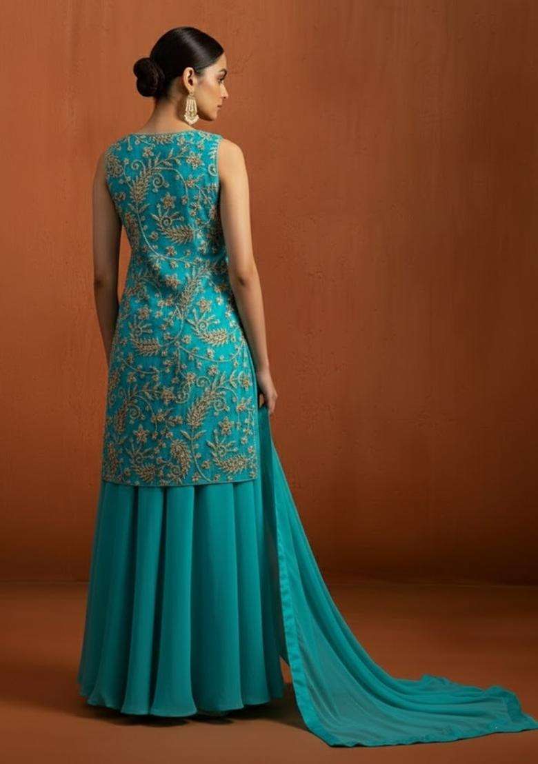 Turquoise Sequin Net Sharara Set - Indya