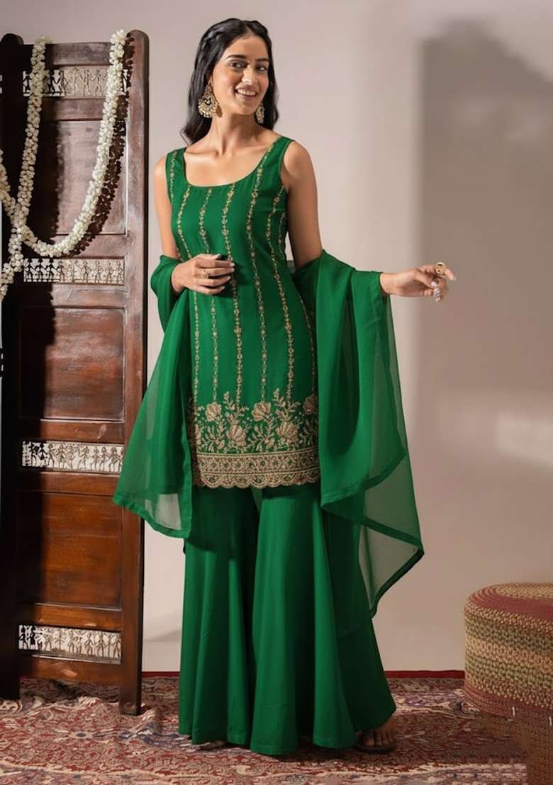 Emerald Green Sequin Shimmer Sharara Set - Indya