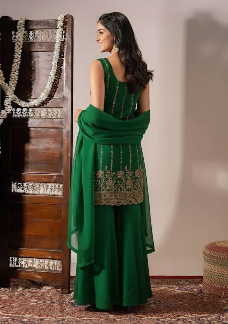 Emerald Green Sequin Shimmer Sharara Set - Indya