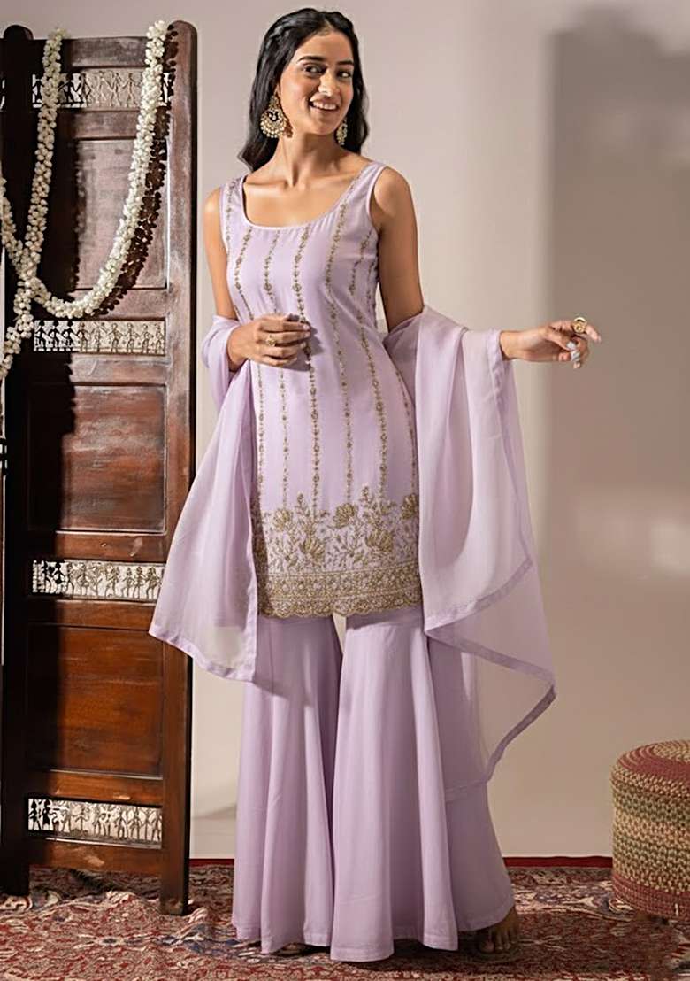 Lavender Sequin Shimmer Sharara Set - Indya