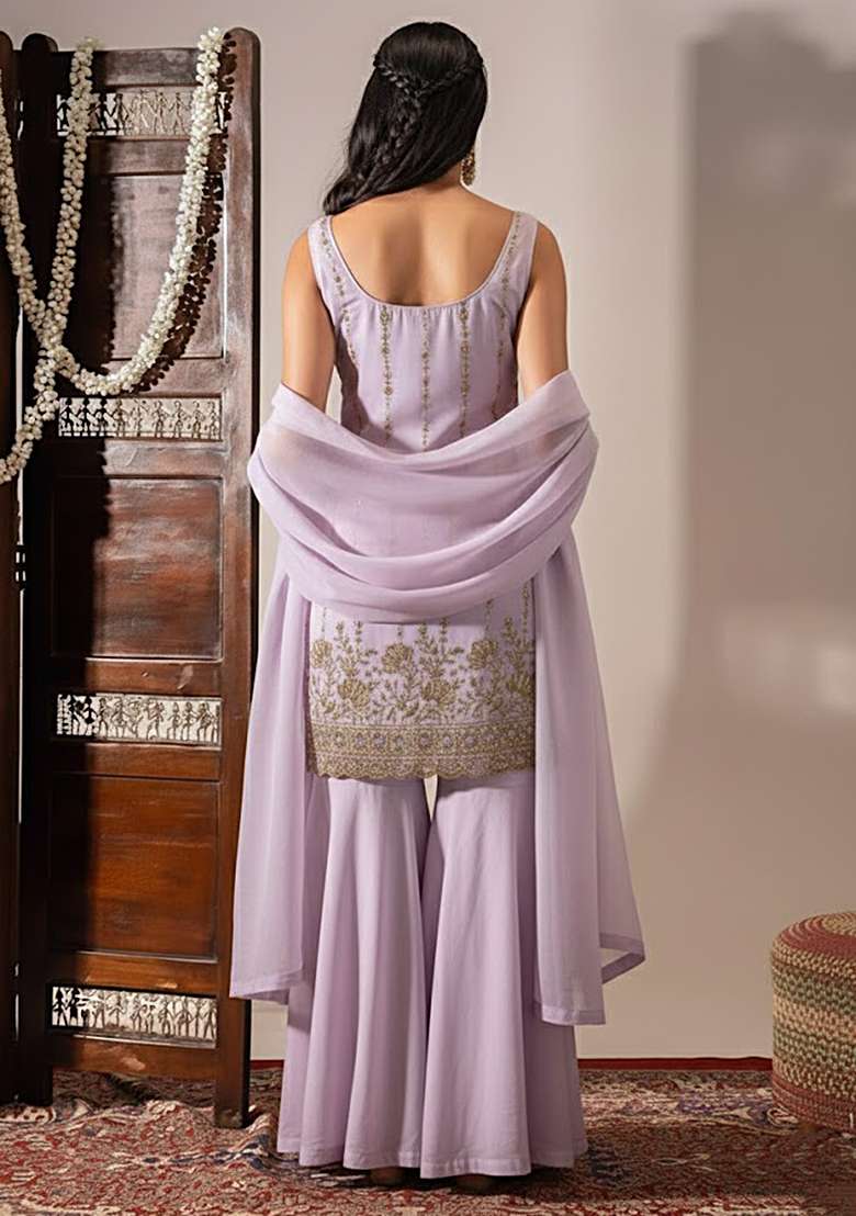 Lavender Sequin Shimmer Sharara Set - Indya