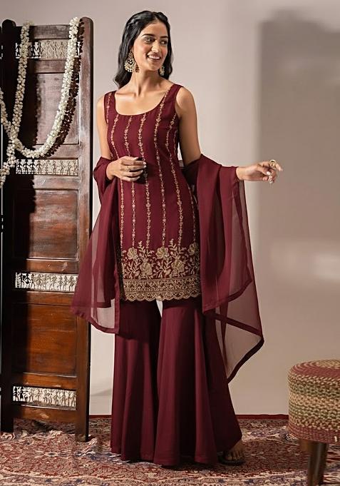 Maroon Sequin Shimmer Sharara Set