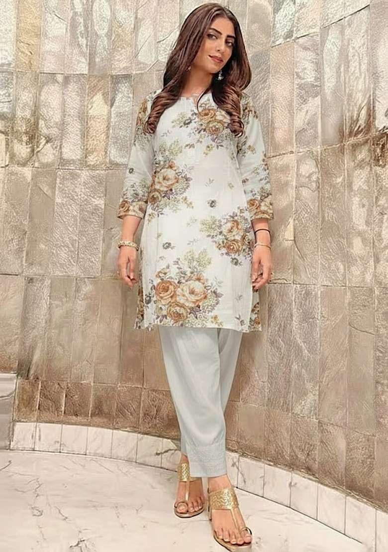 Off White Printed Chinon Kurta Set - Indya