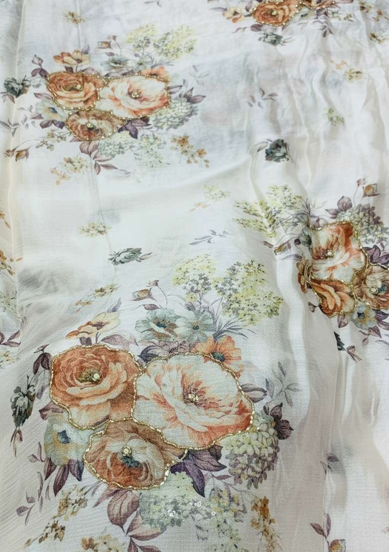 Off White Printed Chinon Kurta Set - Indya