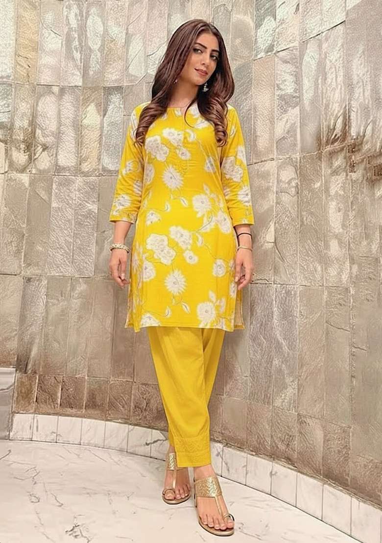 Yellow Printed Chinon Kurta Set - Indya