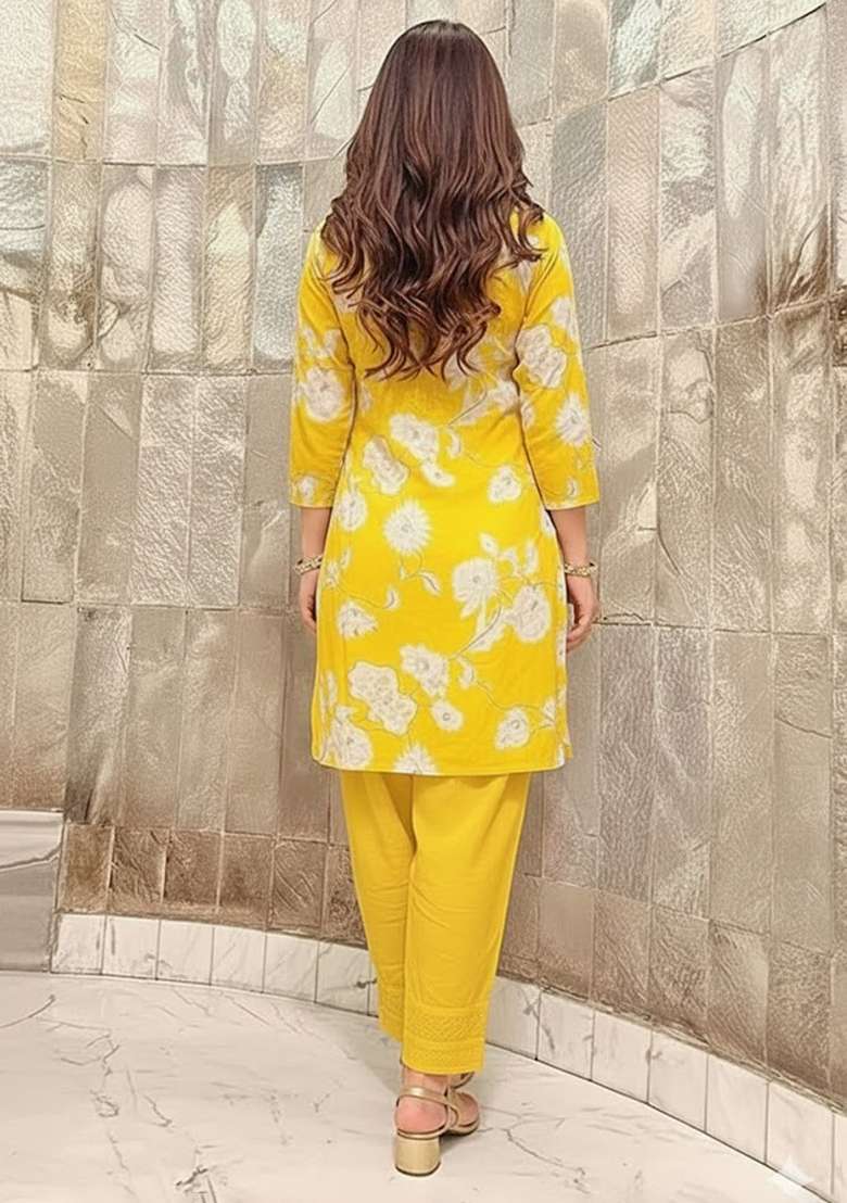 Yellow Printed Chinon Kurta Set - Indya