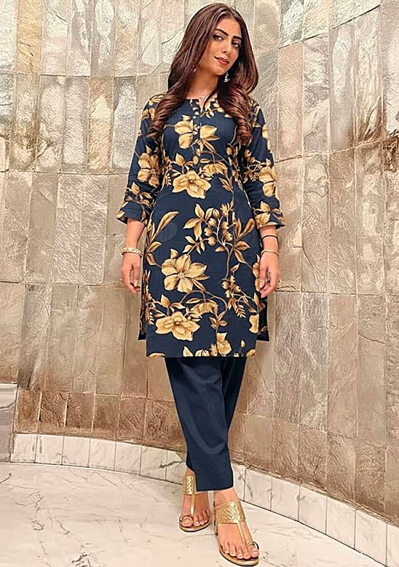 Navy Blue Printed Chinon Kurta Set - Indya