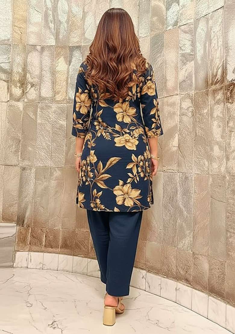 Navy Blue Printed Chinon Kurta Set - Indya