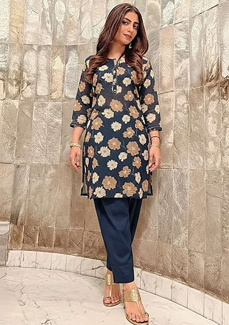 Navy Blue Printed Chinon Kurta Set - Indya