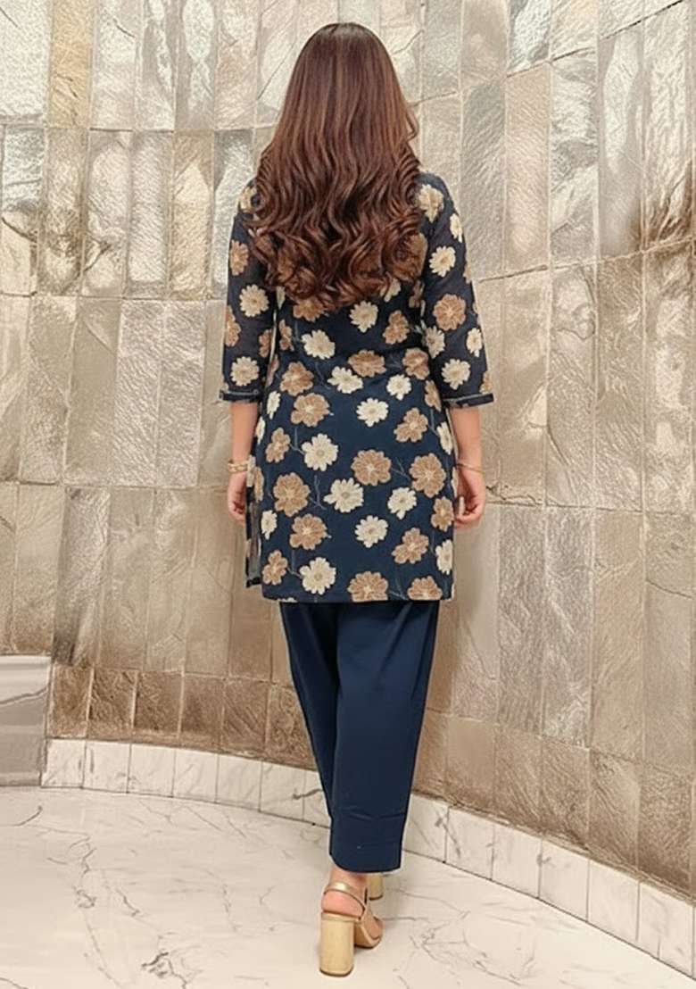 Navy Blue Printed Chinon Kurta Set - Indya